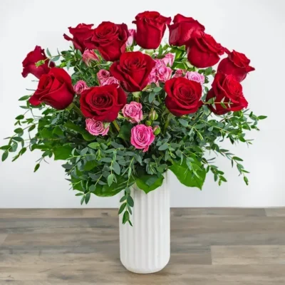 One Dozen Red Roses with Sweetheart Pink